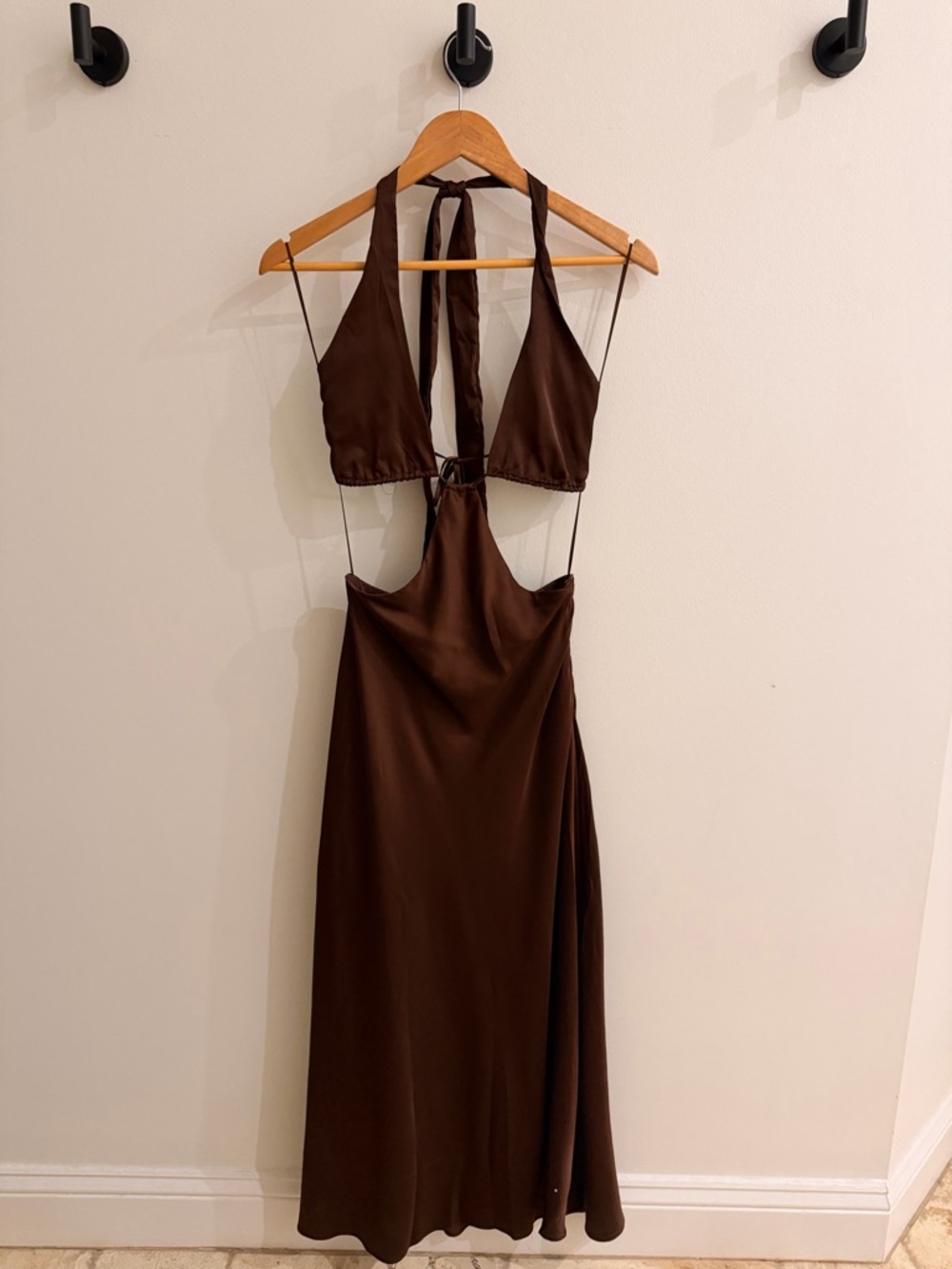 Satin Halter Cutout Maxi Dress- Brown